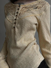 BXOXO - Lace Button-Up Crew Neck Long Sleeve Top