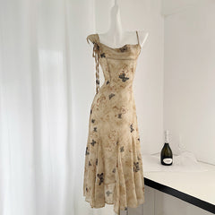 BXOXO - summer inspo Retro Butterfly Dress 2025 Women Summer New Sweet Spicy Chic Design Sense Print Slim Fit Suspender Dress