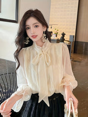 BXOXO Elegant French-Style Stand Collar Long Sleeve Chiffon Blouse with Delicate Bow Detail - Lightweight Polyester, Sheer Fabric, Perfect for Spring/Summer/Fall - Women’s Fashion Top, Elegant Casual Wear | Frenchinspired D