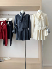 BXOXO Autumn Korean Gentle Elegant Loose 3 Piece Set Women Knitt Heart Button Cardigan+Scarf+Elastic Waist Pleated Skirts Casual Suit
