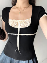 BXOXO - summer inspo Sweet Y2K Contrast Lace Patchwork Square Collar Black T-Shirt Women Short Sleeve Basic Balletcore Cute Summer Tops