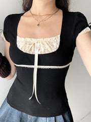 BXOXO - summer inspo Sweet Y2K Contrast Lace Patchwork Square Collar Black T-Shirt Women Short Sleeve Basic Balletcore Cute Summer Tops