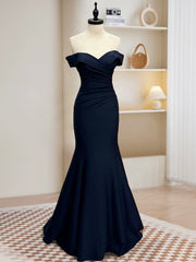 BXOXO Mermaid Satin Dark Blue Long Prom Dress, Dark Blue Long Formal Dress