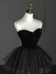 BXOXO A-Line Sweetheart Neck Tulle Velvet Black Long Prom Dress, Black Evening Dress