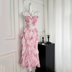 BXOXO - summer inspo Summer Beach Print V-neck Sling Halter Dress Women Sexy Sleeveless Lace-Up Backless Loose Dress 2025 New Holiday Casual Robe