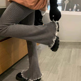 BXOXO party look inspos Deeptown Vintage Gray Lace Flare Pants Women Harajuku Elastic Waist Korean Fashion Knit Trousers Slim Solid Color Winter Casual