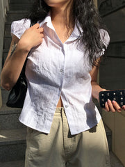 BXOXO - summer inspo Sweetown White Solid Single Breasted Turn Down Collar Casual Shirts Women Simple Puff Sleeve Japanese Y2K Preppy Summer Tops