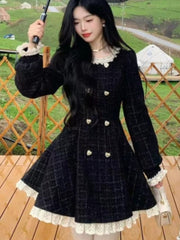 BXOXO party look inspos Autumn Black Vintage Tweed Dresses Women Lace Patchwork Elegant Mini Dress Female Long Sleeve Chic Party Vestidos Y2K Clothes