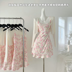 BXOXO - summer inspo Sweet Style Two Piece Set Women New Casual Cardigan +Cute Mini Dress Female Floral Print Casual Floral Dress Suit