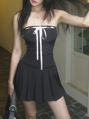 BXOXO - summer inspo Korean Fashion Contrast Tie Bow Strapless A Line Pleated Dress Women Cute Sweet Kawaii Clothing