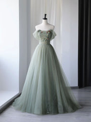 BXOXO Gray Green Tulle Off Shoulder Long Prom Dress, Gray Green Formal Graduation Dresses