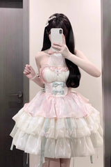 BXOXO - Pink/Green Love God's Promise Sleeveless Multi-layer Ruffle Sweet Elegant Princess Lolita Dress