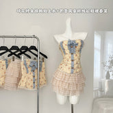 BXOXO - summer inspo Sweet Style Skirt Sets Women Floral Slim Fit Strapless Short Top Cake Mini Skirt Two Piece Set