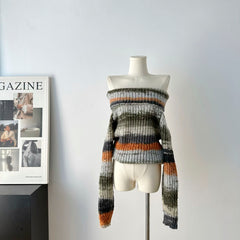 BXOXO - summer inspo Women's Y2K Sexy Off-the-shoulder Vintage Striped Knit Sweater Y2K Vintage Chic Design Women Autumn And Winter Sweater