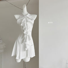 BXOXO - summer inspo Sleeveless White Dresses Women Halter Neck Ruffles Mini Dress Summer Elegant Sweet French Sexy Solid Color Fashion Dress
