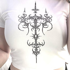 Bxoxo Gothic Punk Rock Y2K Emo Girl Grunge vintage Women's Crop Tops Sexy Slim Harajuku Chic Geometric Pattern Print O-Neck Baby Tops