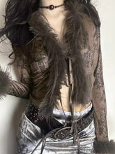 BXOXO Vintage Sexy Faux Fur Tops Women Y2k V-neck Printed Long Sleeve T-Shirts Punk Streetwear Patchwork Grunge Crop Gothic