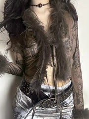 BXOXO Vintage Sexy Faux Fur Tops Women Y2k V-neck Printed Long Sleeve T-Shirts Punk Streetwear Patchwork Grunge Crop Gothic