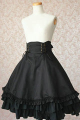 BXOXO - Black High Waisted Double Breasted Button Bowknot Ruffled Multi-Layer Gothic Lolita Skirt