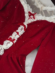 BXOXO Autumn French Sweet Elegant Velvet Short Dress Women Red Design Bow Lace Party Dress Christmas New Year Chic Holiday Clothing