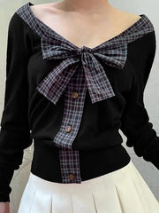 BXOXO - V-Neck Plaid Tie Bow Contrast Long Sleeve Top