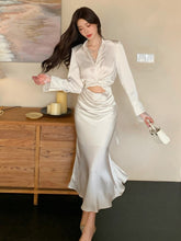 BXOXO party look inspos Korea Style Elegant 2 Piece Set Women Autumn Sexy V-neck Lace Patchwork Shirt Top Slim Waist Mermaid Skirt Suit Female Outfit