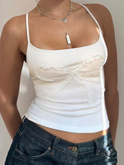 BXOXO - summer inspo Sweetown Lace Bow Patches White Basic Cute Y2K Camisole Sleeveless Slim Women Crop Top Simple Casual Tank Vest