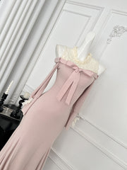 BXOXO - summer inspo 2025 New Gentle Style Off Shoulder Knitted Dress Elegant Lace Patchwork Fishtail Dress Sweet Temperament Long Dress