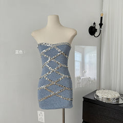 BXOXO - summer inspo Spicy Girl Slim Fit Short Dress For Women Sexy Off Shoulder Backless Dresses Fashion Sequin Patchwork Dress