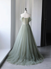 BXOXO Gray Green Tulle Off Shoulder Long Prom Dress, Gray Green Formal Graduation Dresses
