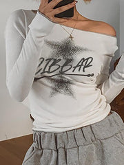 BXOXO - Star Print Off-Shoulder Long Sleeve Top