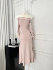 BXOXO Spring French Elegant Gentle Knitt Long Evening Dress Women Lace Off Shoulder Bow Splicing Bag Hip Fishtail Dress Female New