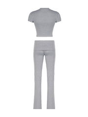 BXOXO - summer inspo Gray Solid Slim Basic Sports Sexy 2 Pieces Yoga Sets Women O Neck Short Sleeve Tee & Chic Low Waist Skinny Pants Tracksuit S-XL