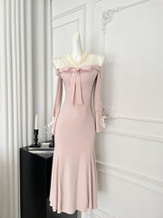 BXOXO - summer inspo 2025 New Gentle Style Off Shoulder Knitted Dress Elegant Lace Patchwork Fishtail Dress Sweet Temperament Long Dress