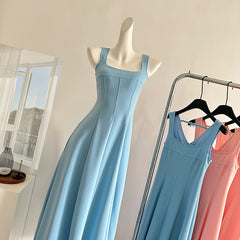 BXOXO - summer inspo Summer Solid Color Suspender Dress Women Fashion Square Neck Sleeveless Slim Fit Dresses Temperament Party Robe