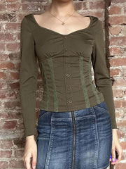 BXOXO - Vintage Lace Trim Button-Up Long Sleeve Top