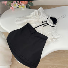 BXOXO - summer inspo Sweet Summer Two Piece Set for Women Elegant Casual Flying Sleeve Crop Tops+ High waisted A-line Skirt Fashion Suit