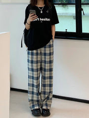 BXOXO Harajuku Plaid Pants Women Casual Wide Vintage Korean Style White Checked Trouser Thin Home Pants Chic Female Streetwear