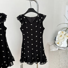 BXOXO - summer inspo Fashion Summer New Floral A Line Mini Dress Retro Small Flying Sleeve Casual Short Dress V Neck Holiday Slim A Line Dress