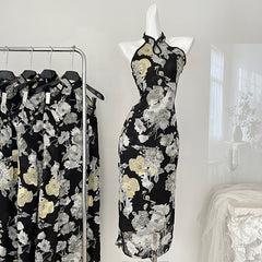 BXOXO - summer inspo New Chinese Style Dresses Sexy Sleeveless Cheongsam Women Elegant Cheongsam Print Flower Improved Dress Qipao Fashion Party