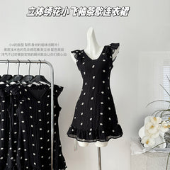 BXOXO - summer inspo Fashion Summer New Floral A Line Mini Dress Retro Small Flying Sleeve Casual Short Dress V Neck Holiday Slim A Line Dress