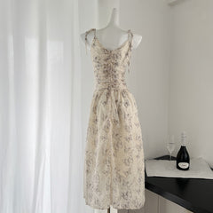 BXOXO - summer inspo French Retro Women Floral Print Dress Elegant Suspender Dress 2025 Spring V-neck Commuter Long Skirts