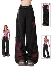 BXOXO Gothic Baggy Women's Jeans Vintage Harajuku Y2k Denim Trousers Black Grunge Gyaru Street Oversize Jeans 2000s Aesthetic