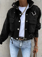 BXOXO Long Sleeves Loose Buttoned Drawstring Pockets Solid Color Split-Joint Zipper Stand Collar Jackets Outerwear