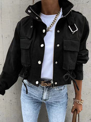 BXOXO Long Sleeves Loose Buttoned Drawstring Pockets Solid Color Split-Joint Zipper Stand Collar Jackets Outerwear