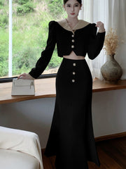 BXOXO party look inspos Elegant Two Piece Set Women Long Sleeves Short Coat + High Waist Mermaid Skirt Autumn Winter Solid Korean Style Patchwork Outfit