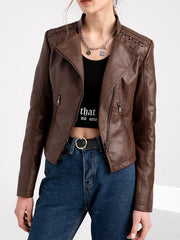 BXOXO Long Sleeves Split-Joint Zipper Mock Neck PU Jackets Outerwear