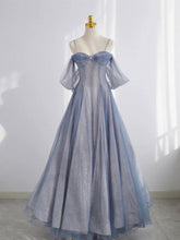 BXOXO Gray Blue Tulle Tea Length Prom Dress, Blue A line Formal Dresses