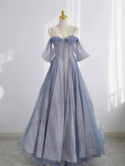BXOXO Gray Blue Tulle Tea Length Prom Dress, Blue A line Formal Dresses