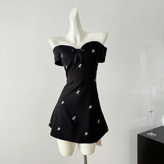 BXOXO - summer inspo Summer Floral Bow Off Shoulder Dress For Women Slash Neck Sexy Temperament Dress Fashion Party A-line Dress